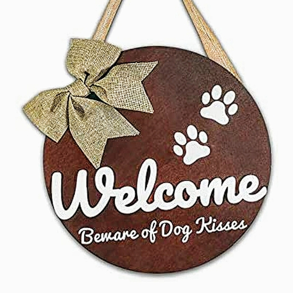 Wooden Dog Kisses Welcome Sign